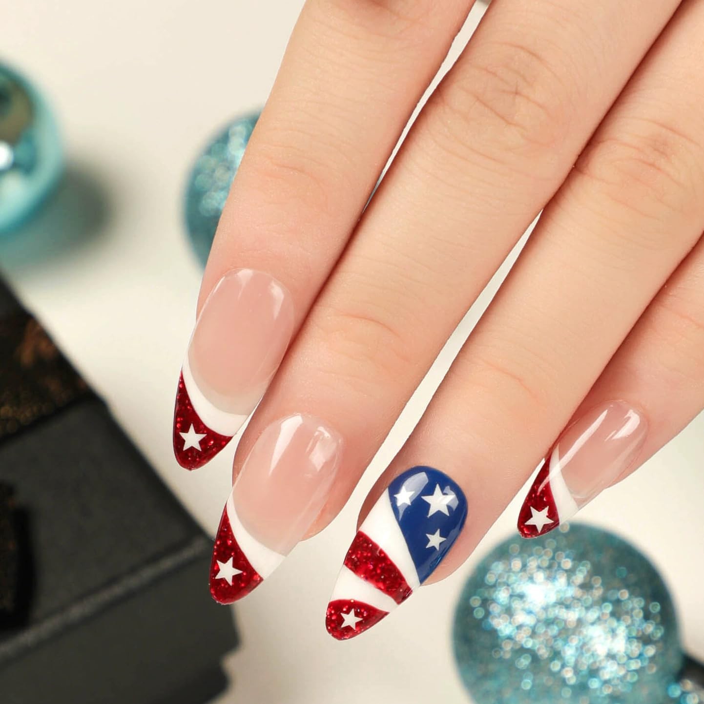 24Pcs 4th of July Press on Nails Medium Almond Oval Fake Nails with Flag Desi…