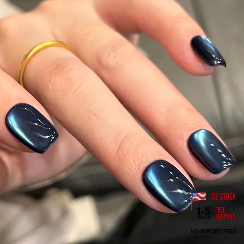 Blue Press On Nails – Short Square Cat Nails – Set of 24 – Style 23