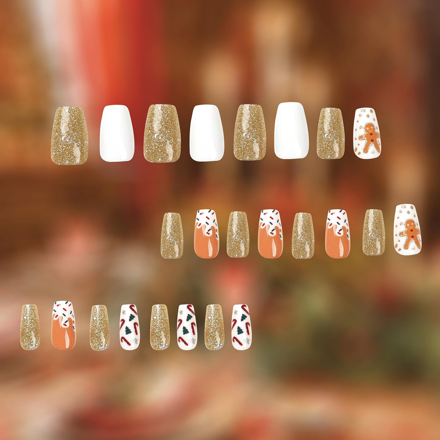 Christmas Press on Nails Coffin Medium, 24Pcs Gold Glitter Artificial Fake Nails