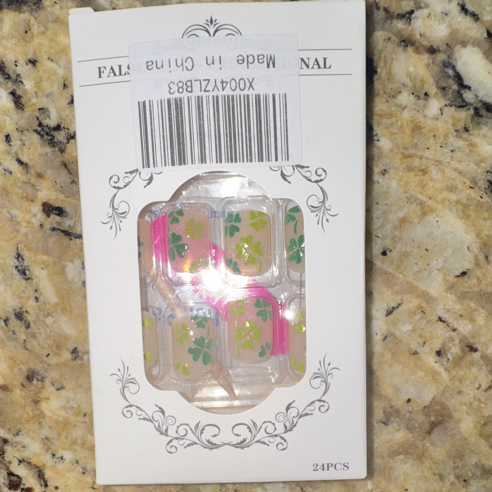 24pcs Press-On Nails Square Medium PVC Clear Pink Green Flowers Shiny Full