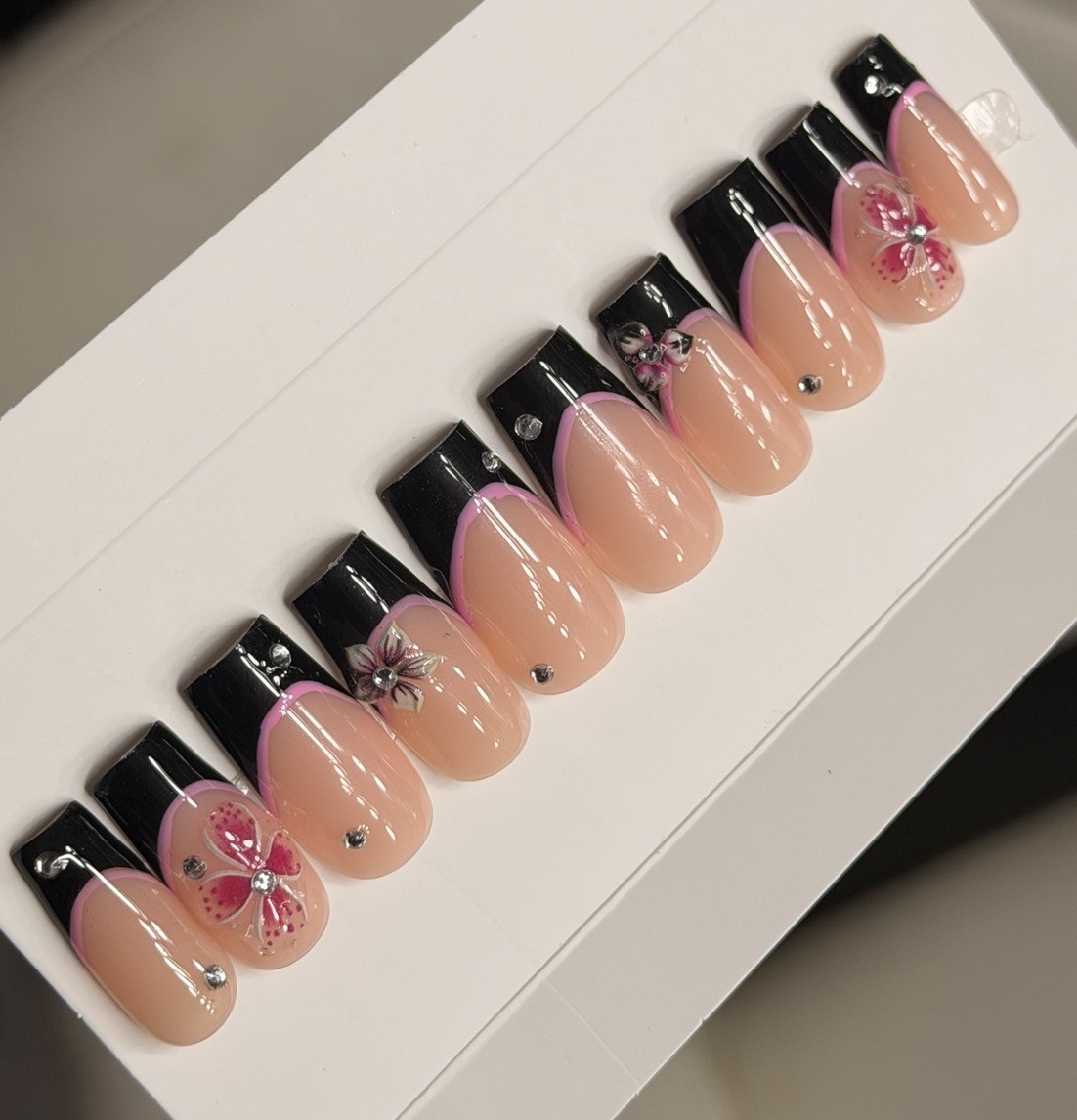 🌸 CUSTOM Press On Nails FRENCH BLACK Flower PINK 10p SET W Kit