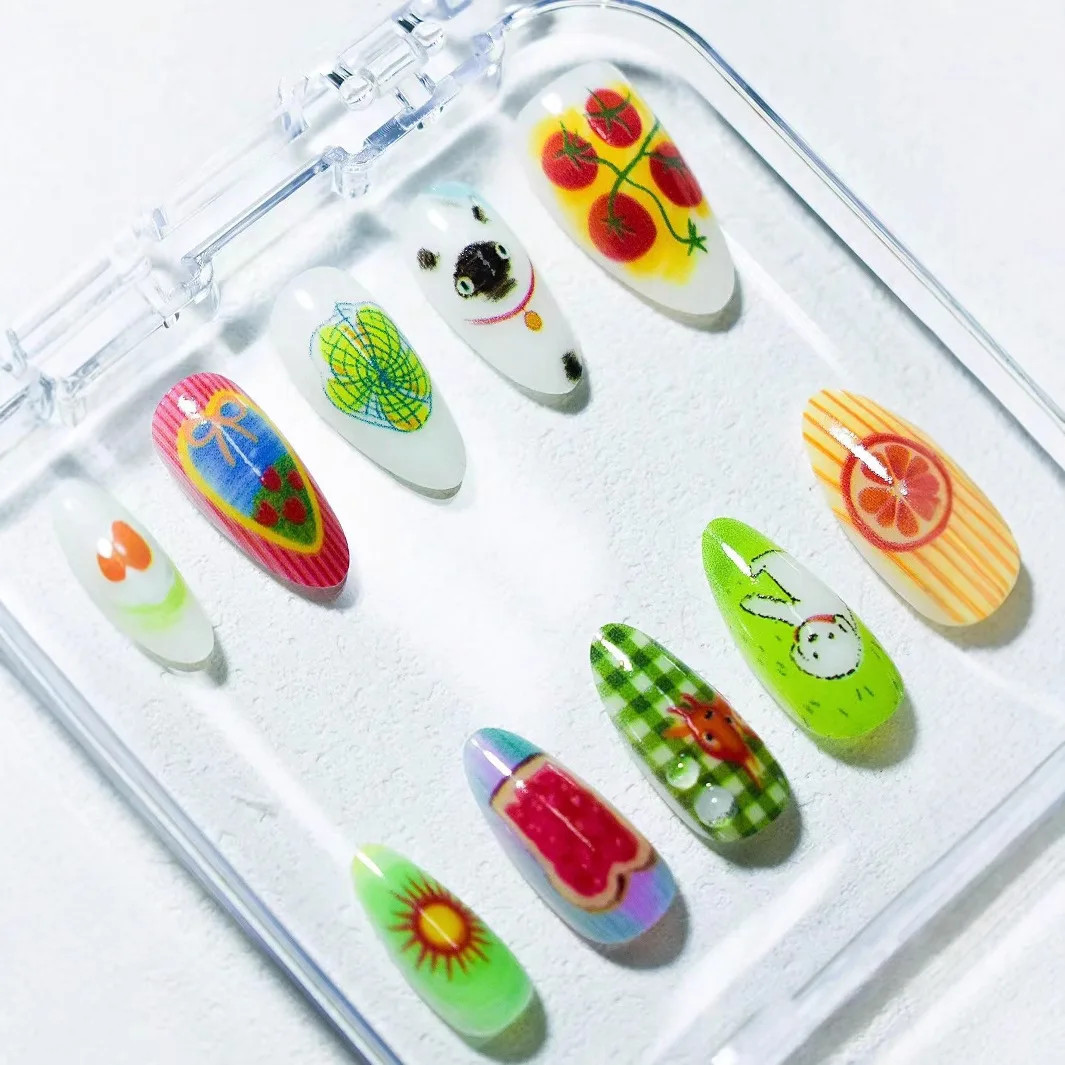 10pcs Cute Flower Fruit Pink Almond Press On False Nails