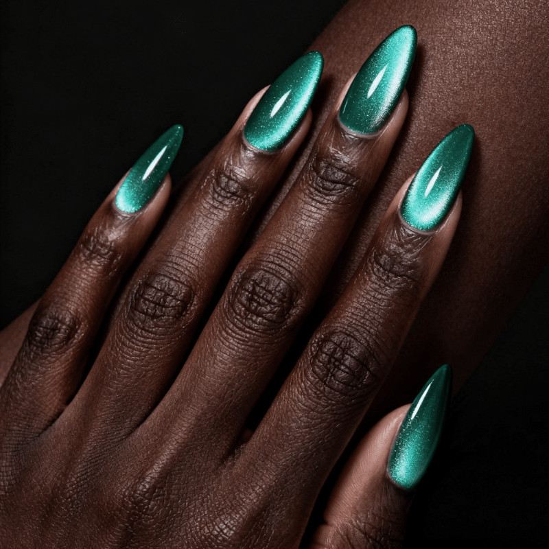 48Pcs-Long Almond Vibrant Teal Green Cat Eye Magnetic Gloss Press on Nails Set