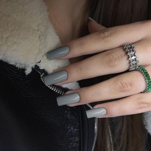 Dark Grey Press on Nails Long Medium Square, Glossy Solid glossy dark grey