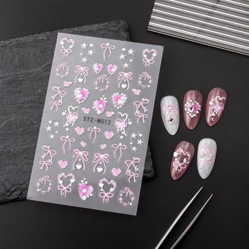 2 Sheets Pink Valentines Day Nail Stickers 3D Self Adhesive Heart Nail Art