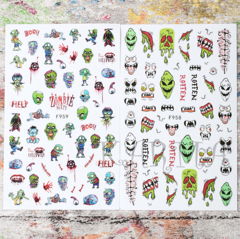 Halloween Nail Art Skull Pumpkin Ghost Witch Stickers Decals Self-Adhesive NH22