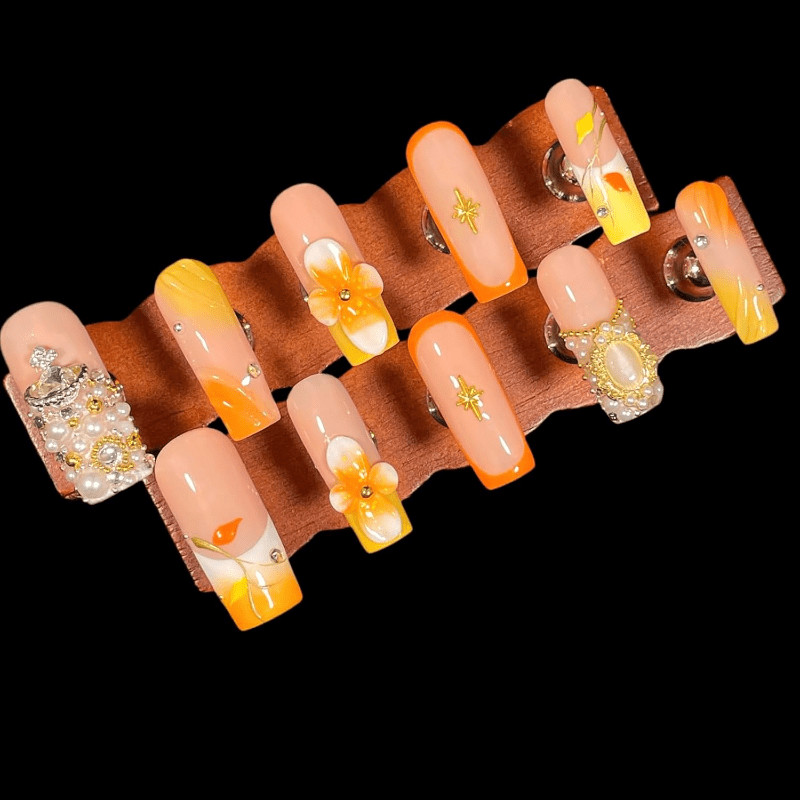 Handmade Long Square Nails Peach Orange Ombre 3D Flower Pearl Rhinestone