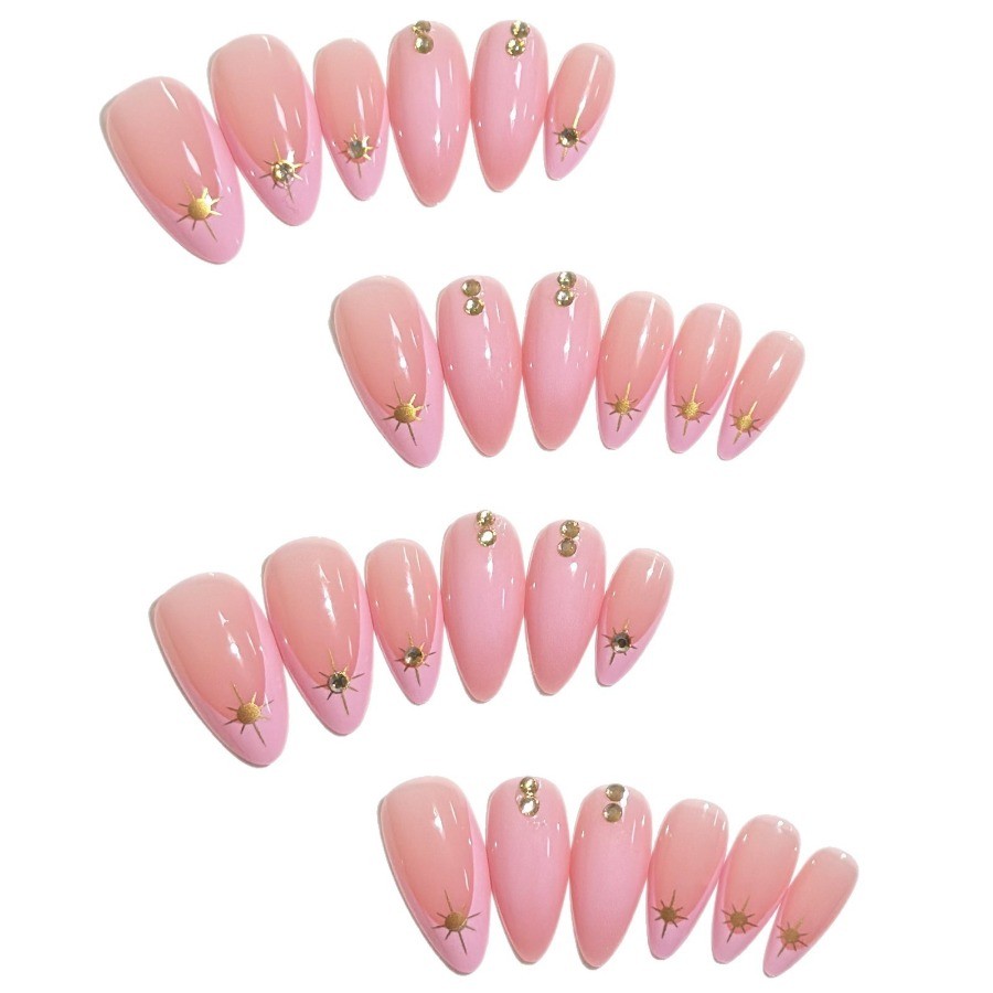 48Pcs-Long Almond Nude White French Gold Sun Star Rhinestone Press on Nails