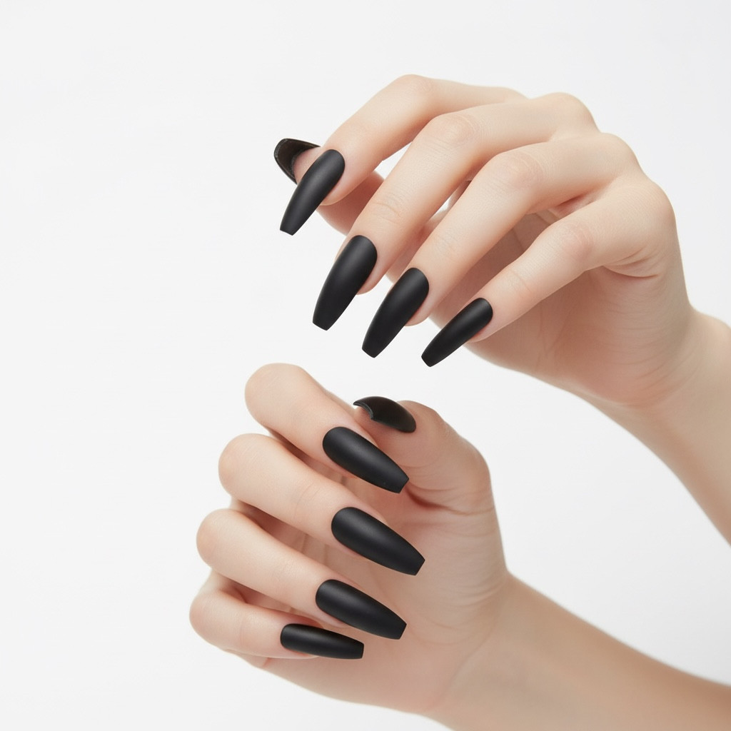 Black Matte Halloween Design Coffin Ballerina Extra Long Press On False Nails