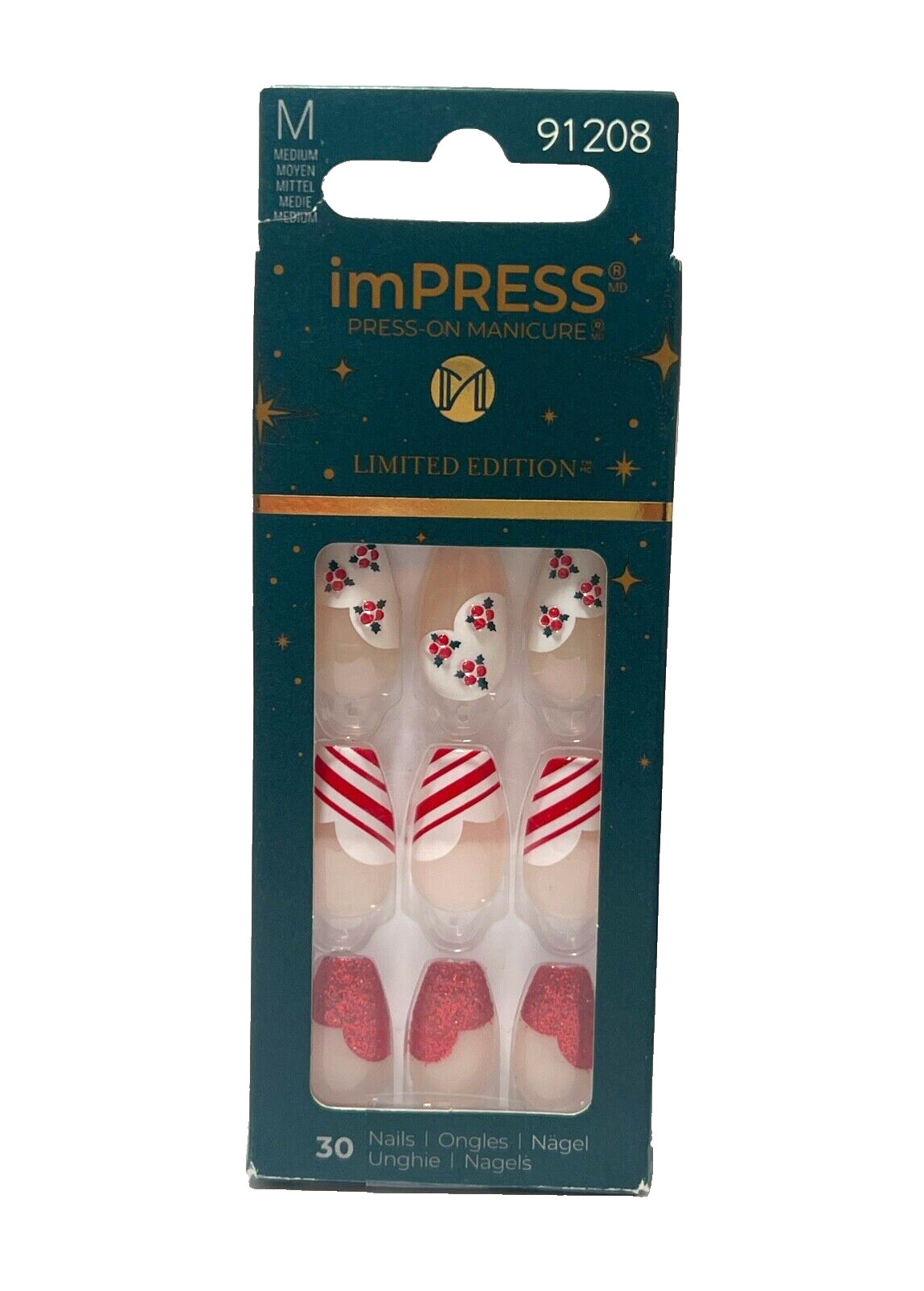 imPress Press On Nail Set Christmas Holiday Candy Cane Holly -Heartfelt (Medium)