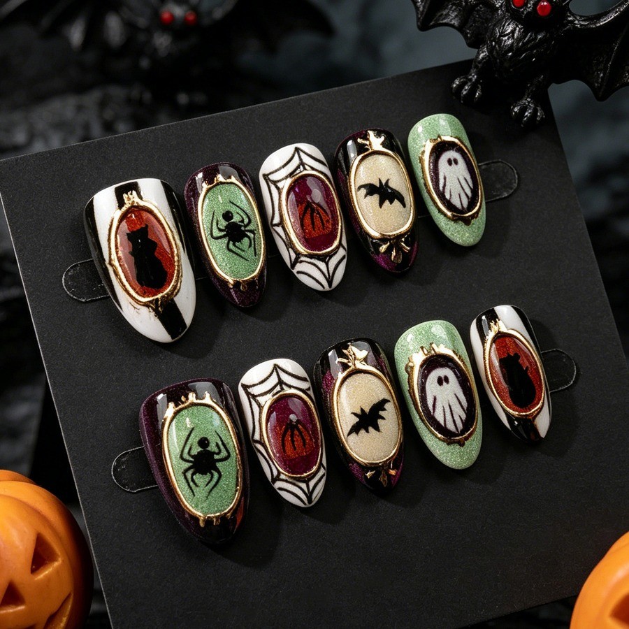 60Pcs-Medium Almond Vintage Halloween Ghost Bat Spider Pumpkin Press on Nails