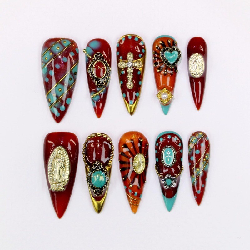 Virgin Cross Handmade Press on Nails Turquoise Red Gold Western Gloss Fake Nails