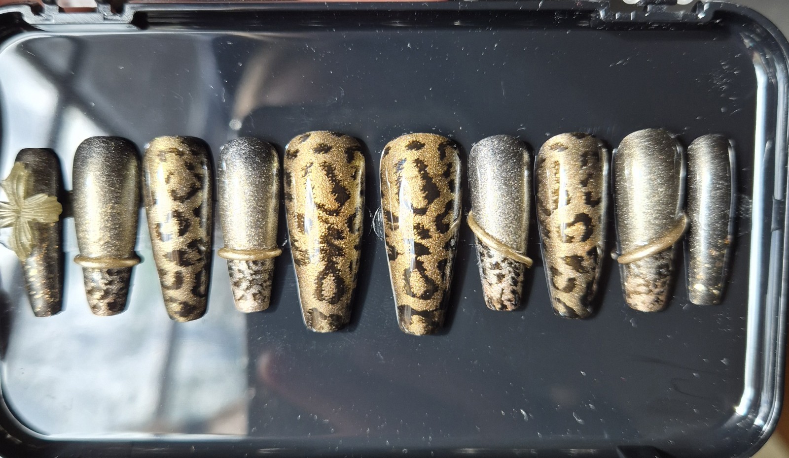 Gold Black Glitter Leopard Coffin Press-On Nails Pre-Designed Full Cover