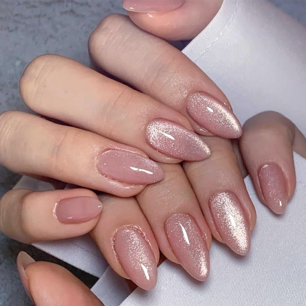 24 Medium Almond Glossy Pink Fake Nails with Glitter – Perfect for Any Occasion
