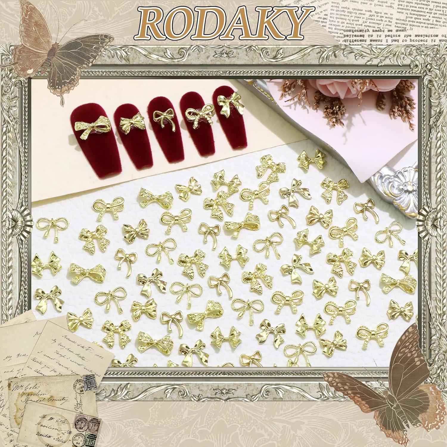 80PCS Gold Bow Charms 8 Styles Metal Alloy Bowknot Gems 3D Nail Art Decoration C