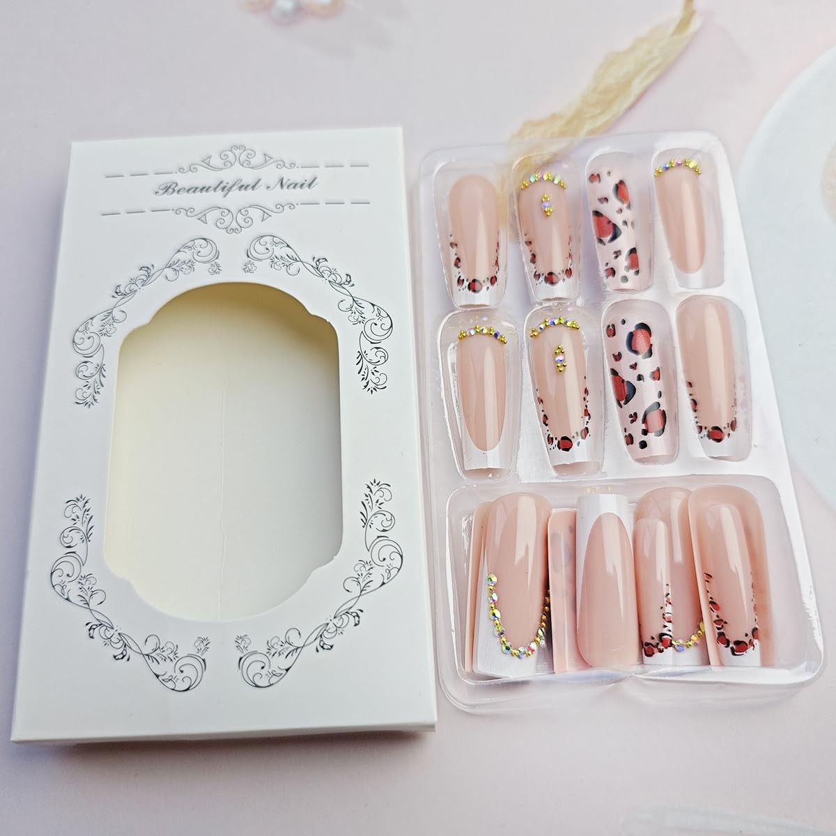 24 Pcs French Tip Press on Nails Long Coffin Leopard Fake Nails with Rhinesto…