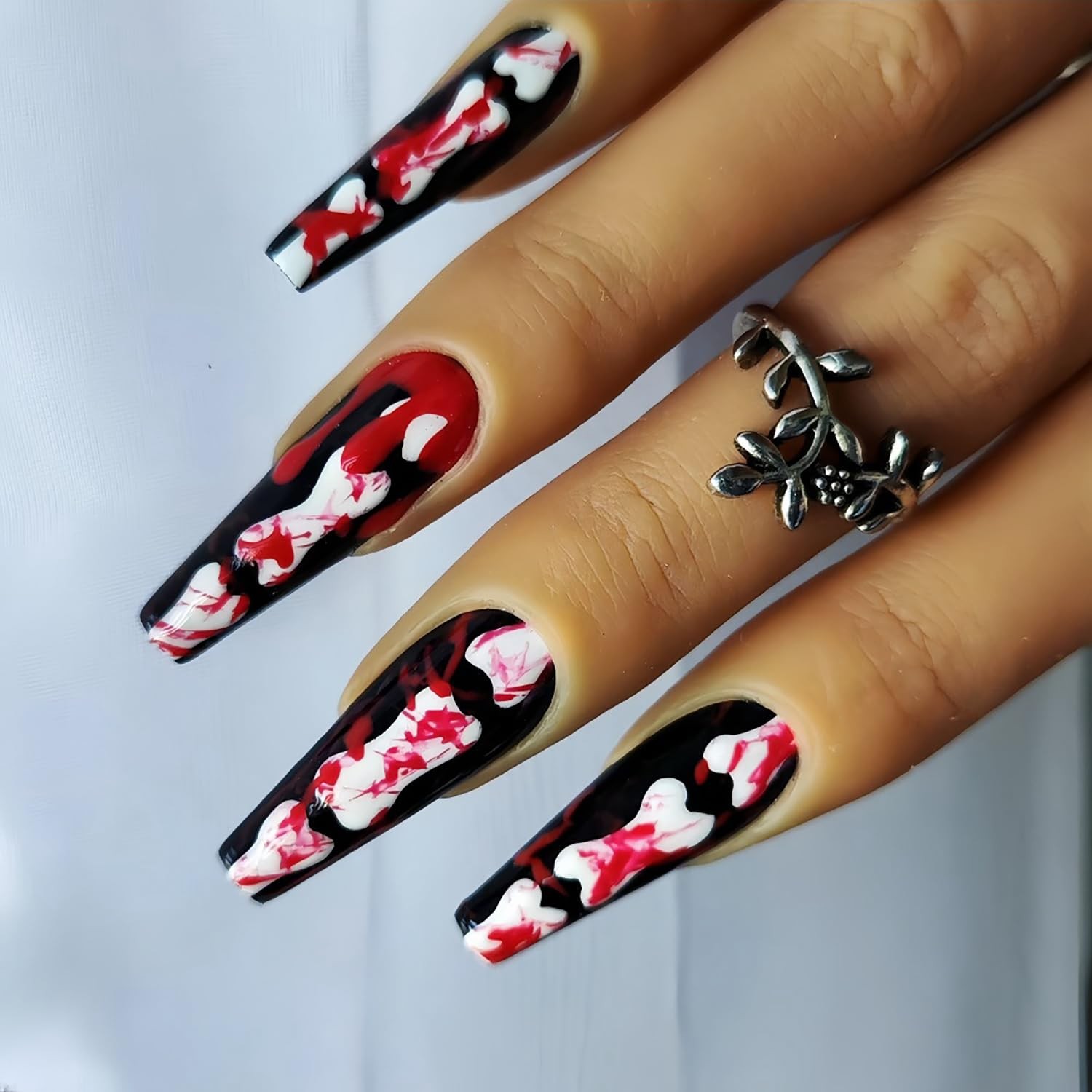 Halloween Press on Nails Long Coffin Fake Nails Black False Nail Tips with Sk…