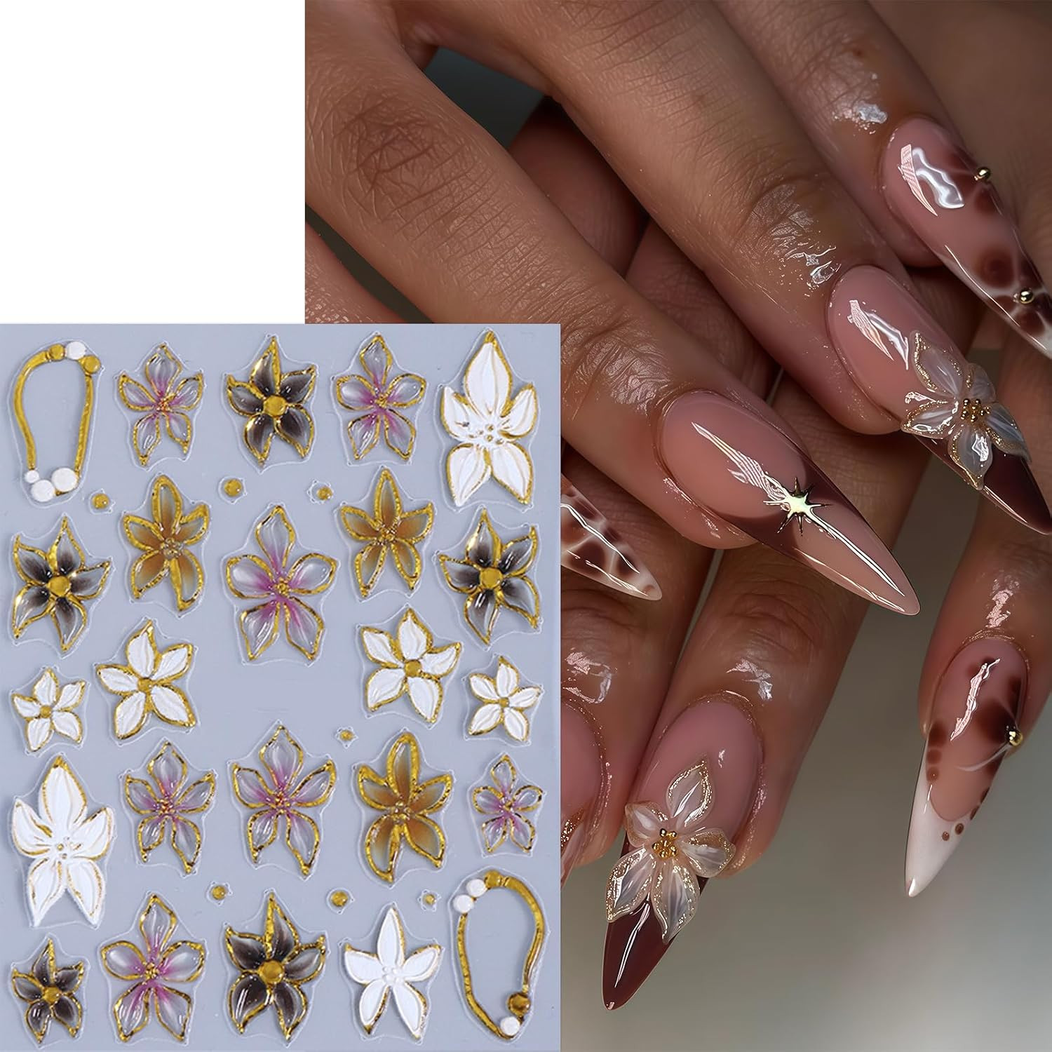 3 Sheets Flower Nail Stickers 5D Embossed Lily Flower Stickers for Nails Hibiscu