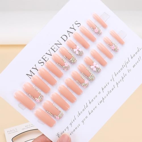 Press Nails Coffin French Tips with Design 3D Bow Flower Long Style-11