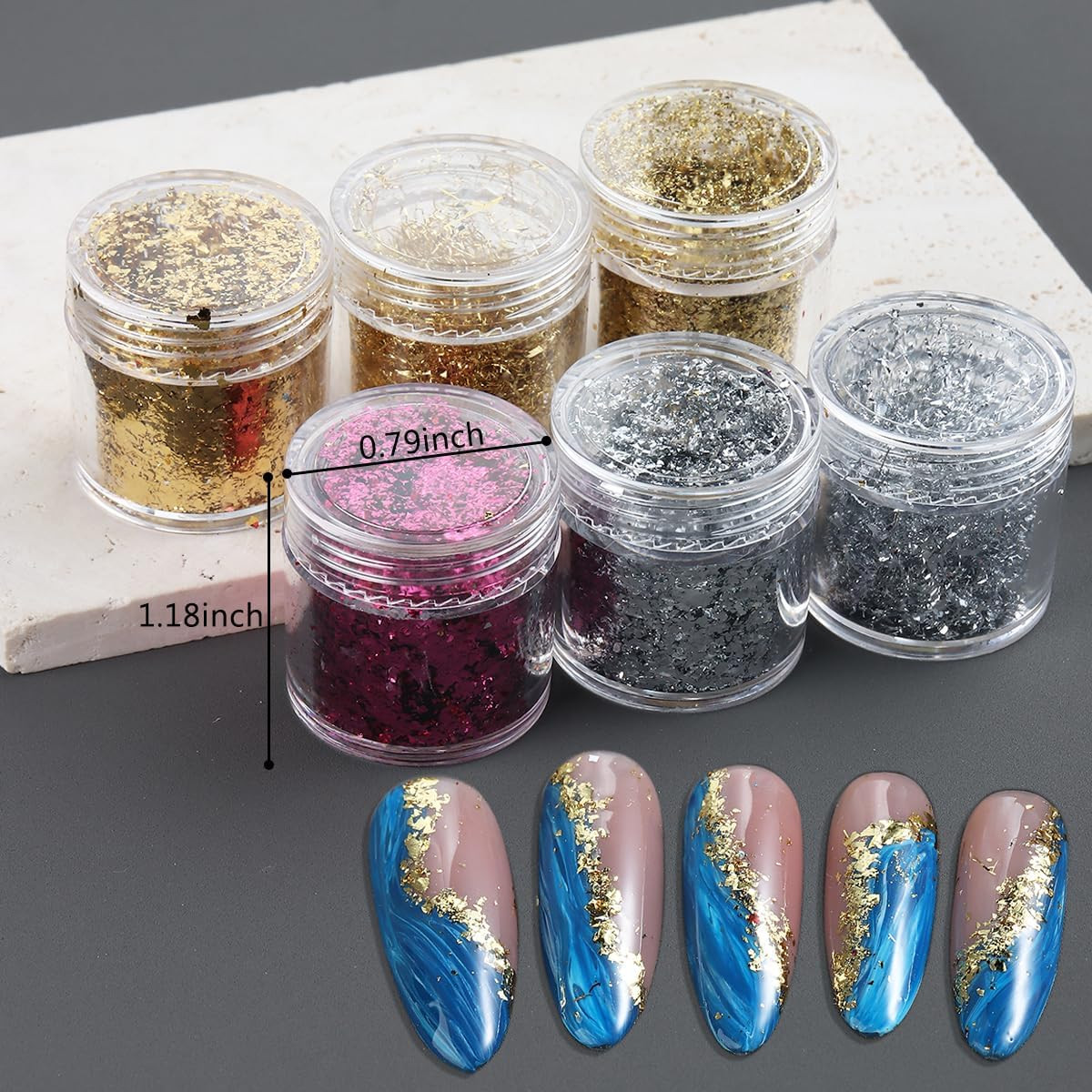 Gold Foil Flakes for Nail Art, 6 Bottles Irregular Silver Hot Pink Gold Leaf for