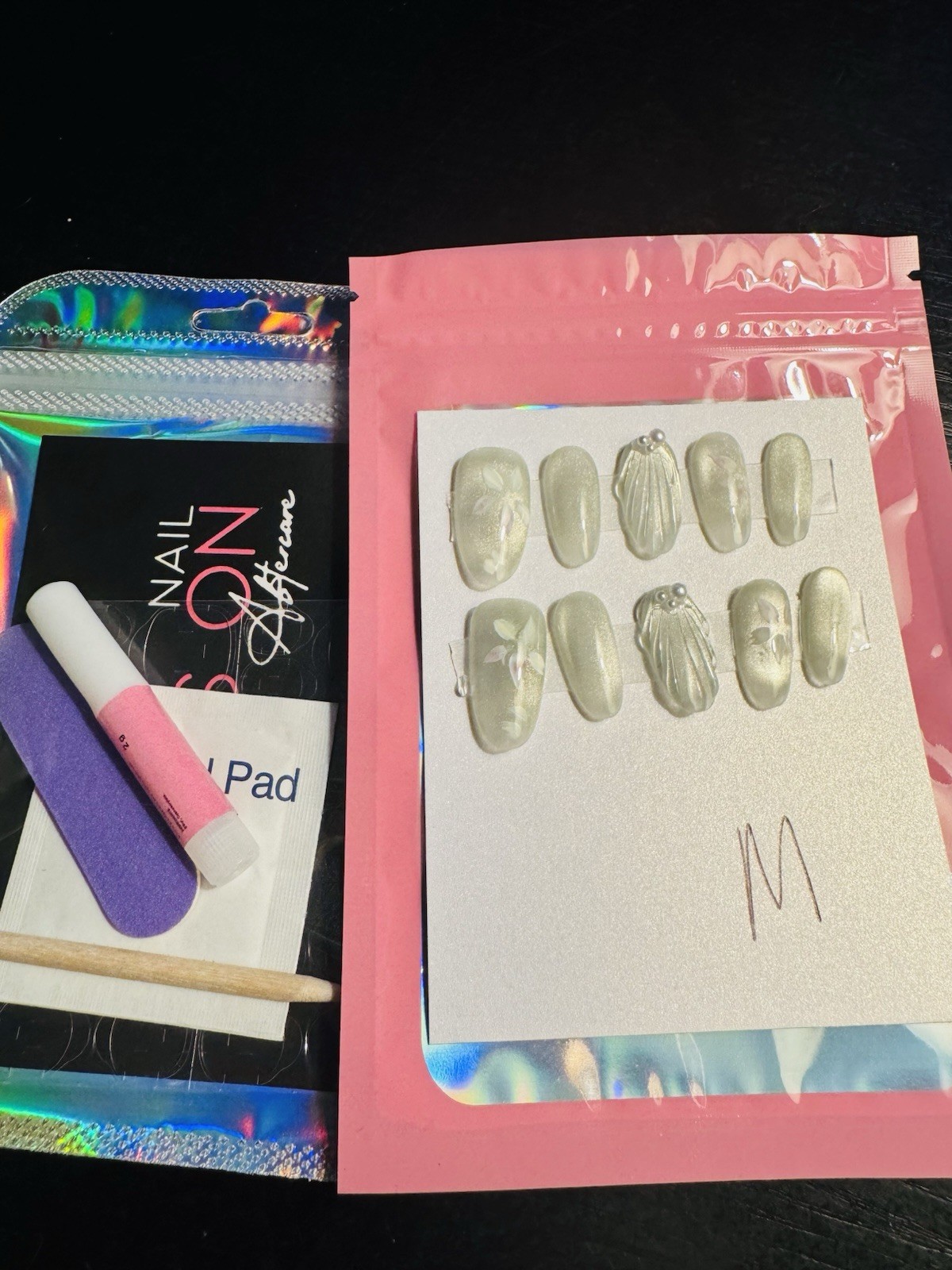 Hand Painted 3D Light Green Floral Press On Nails Size Medium