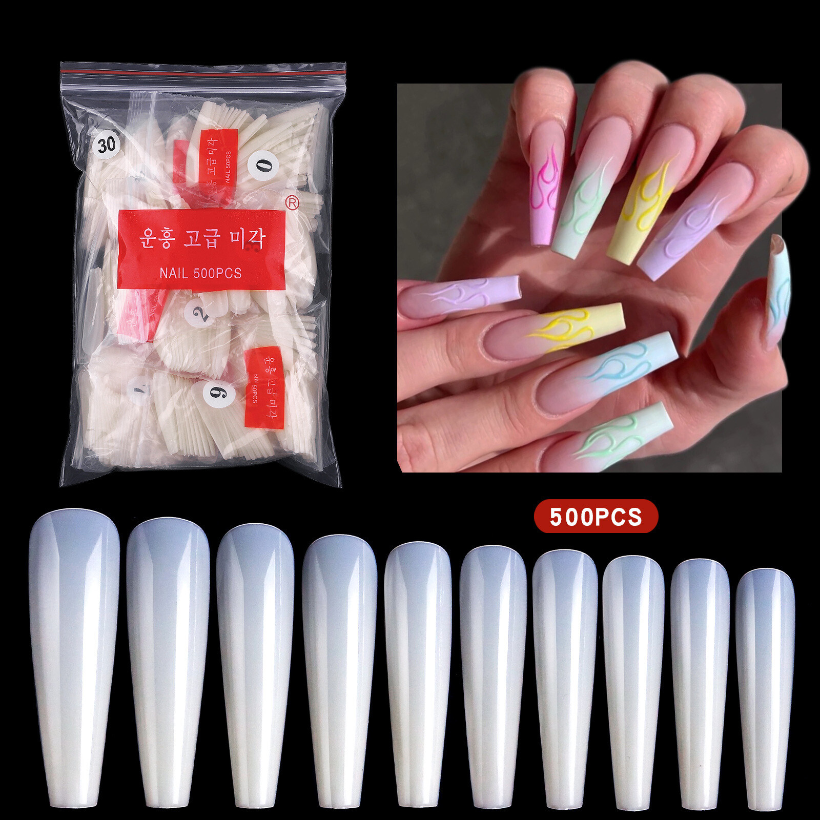 500 Pcs Acrylic Ballerina Fake Nails Coffin Full Cover Nail Art Tips Extra Long