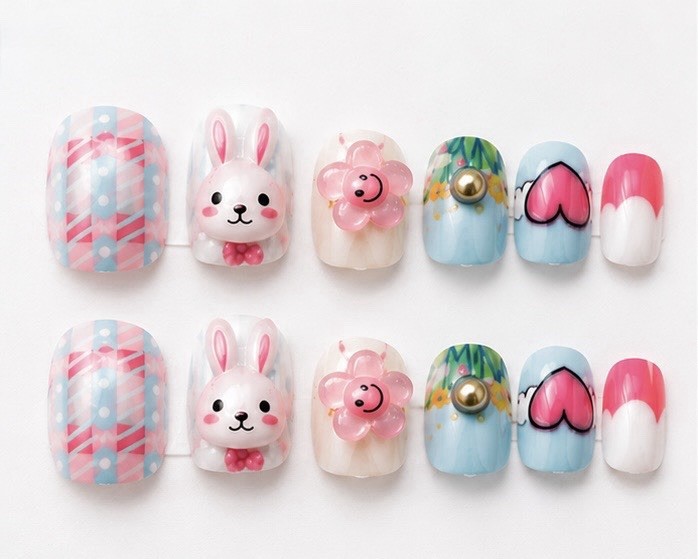 Kids 3D Bunny Press On Nails 12PCS with Adhesive Tabs Cute Fake Nails for Girls