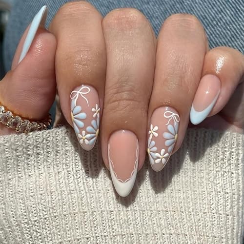 Flower Press on Nails – Medium Almond Fake Nails with French Tips – Short ACE-30