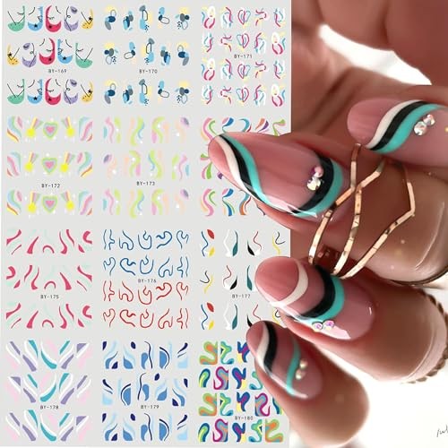 12 Sheets Nail Stickers Colorful Line Design Water Transfer Nail Decals