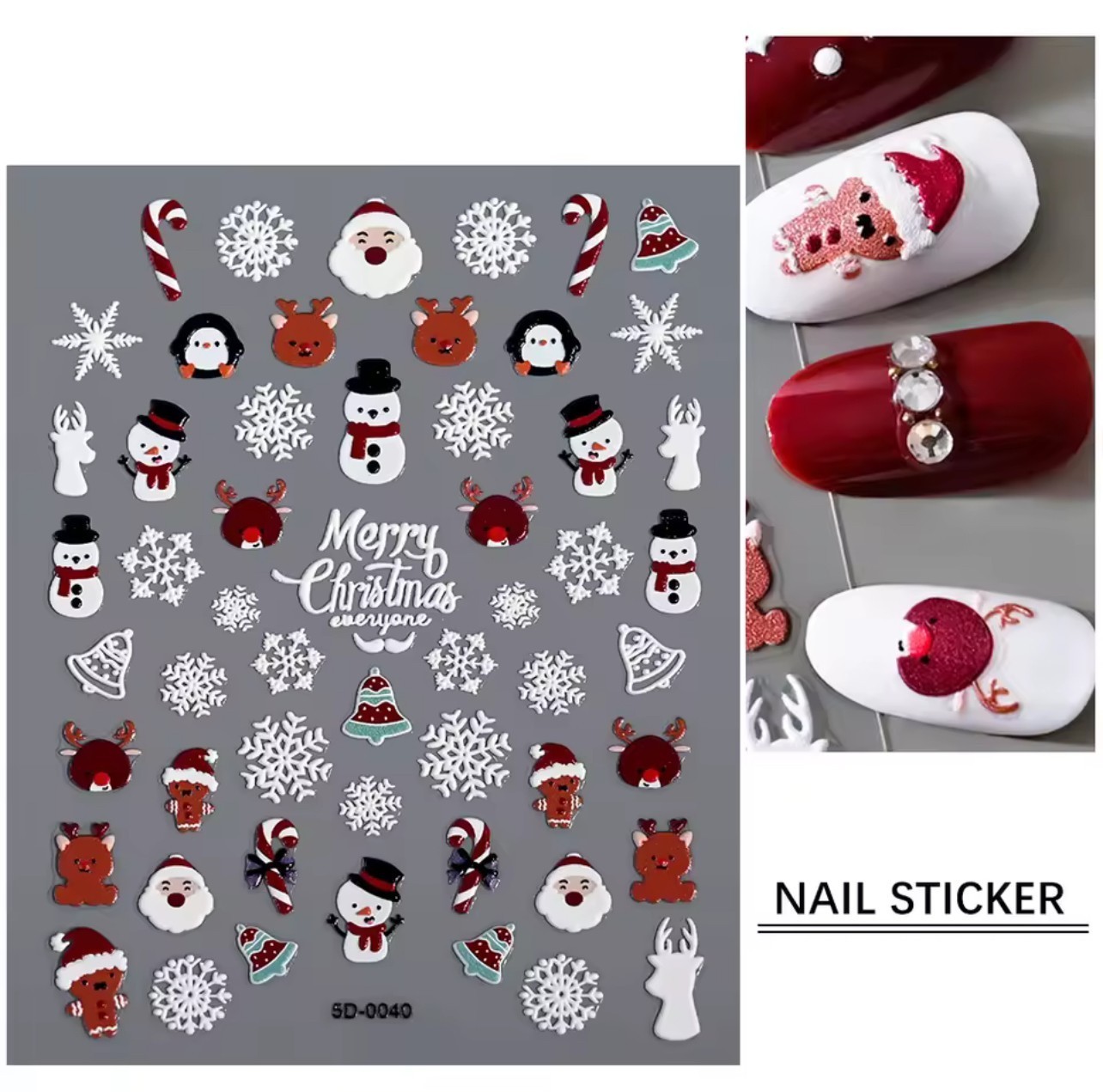 5D Nail Art Stickers Decals Embossed Christmas Snowflake Penguin Reindeer 5D0040