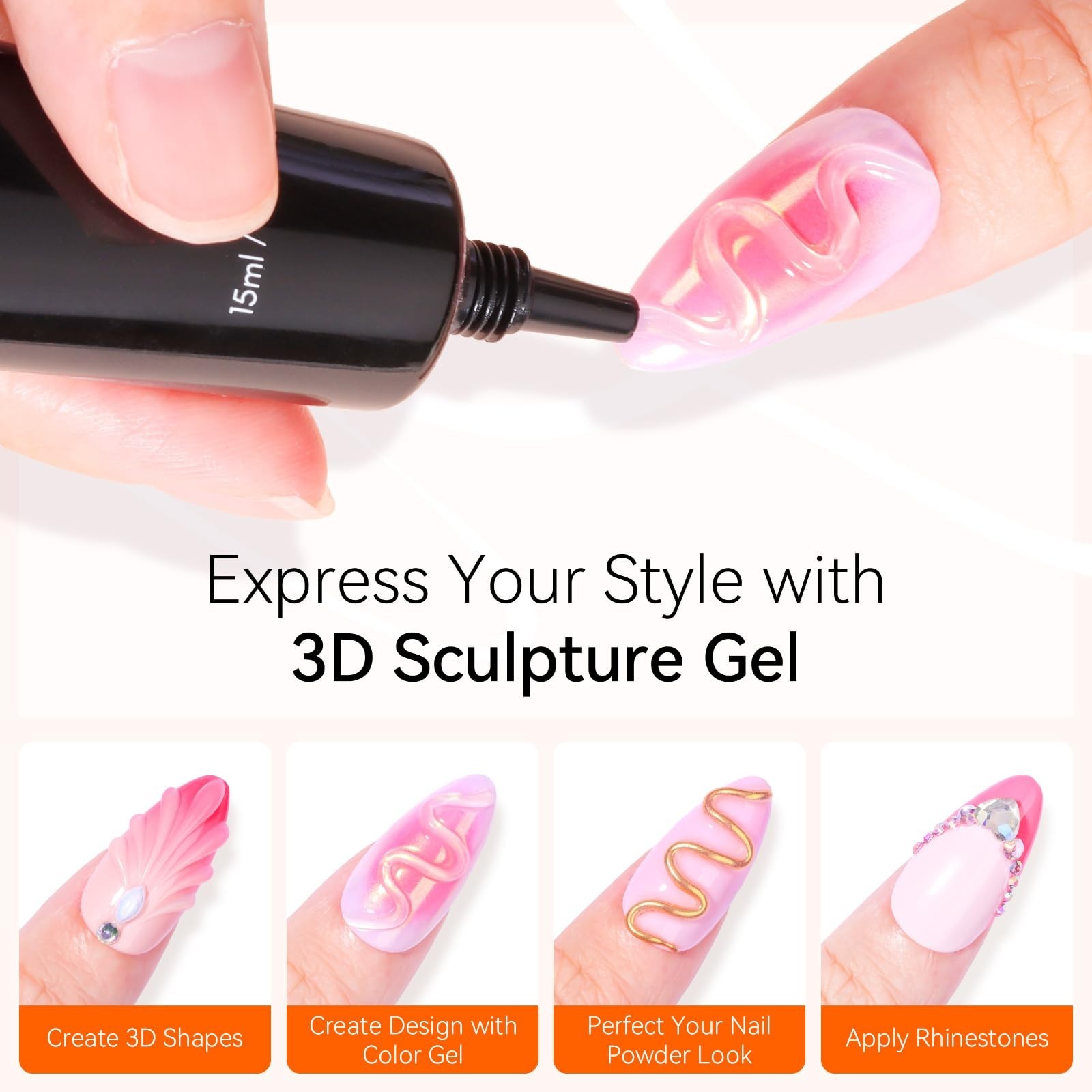 3D Nail Art Gel – 2 Pcs 15g No Wipe Molding Gel for DIY Manicure & Nail Decorati