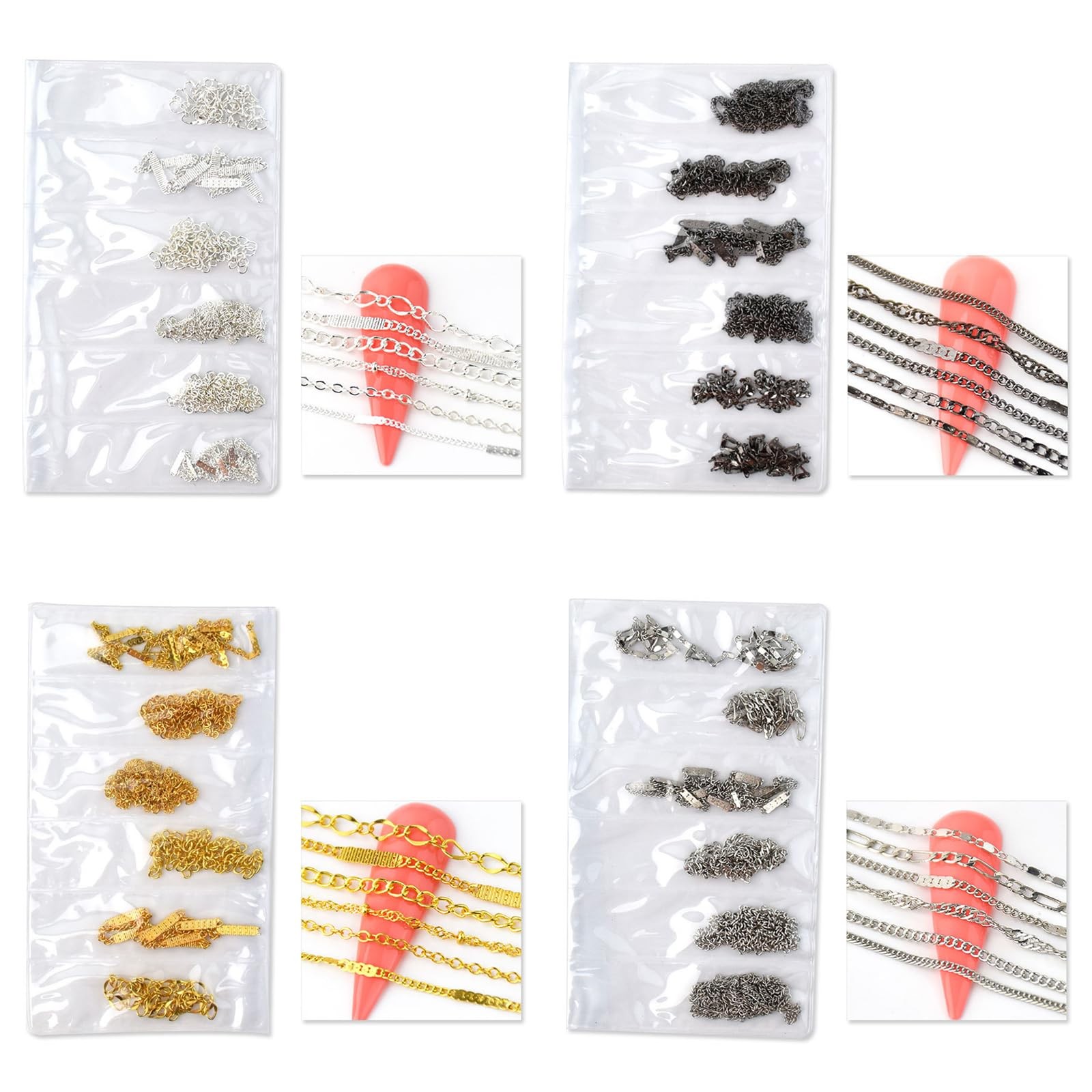 4 Packs of 24 Strips Nail Chains for Nail Art Gold Silver Black Alloy Metal N…