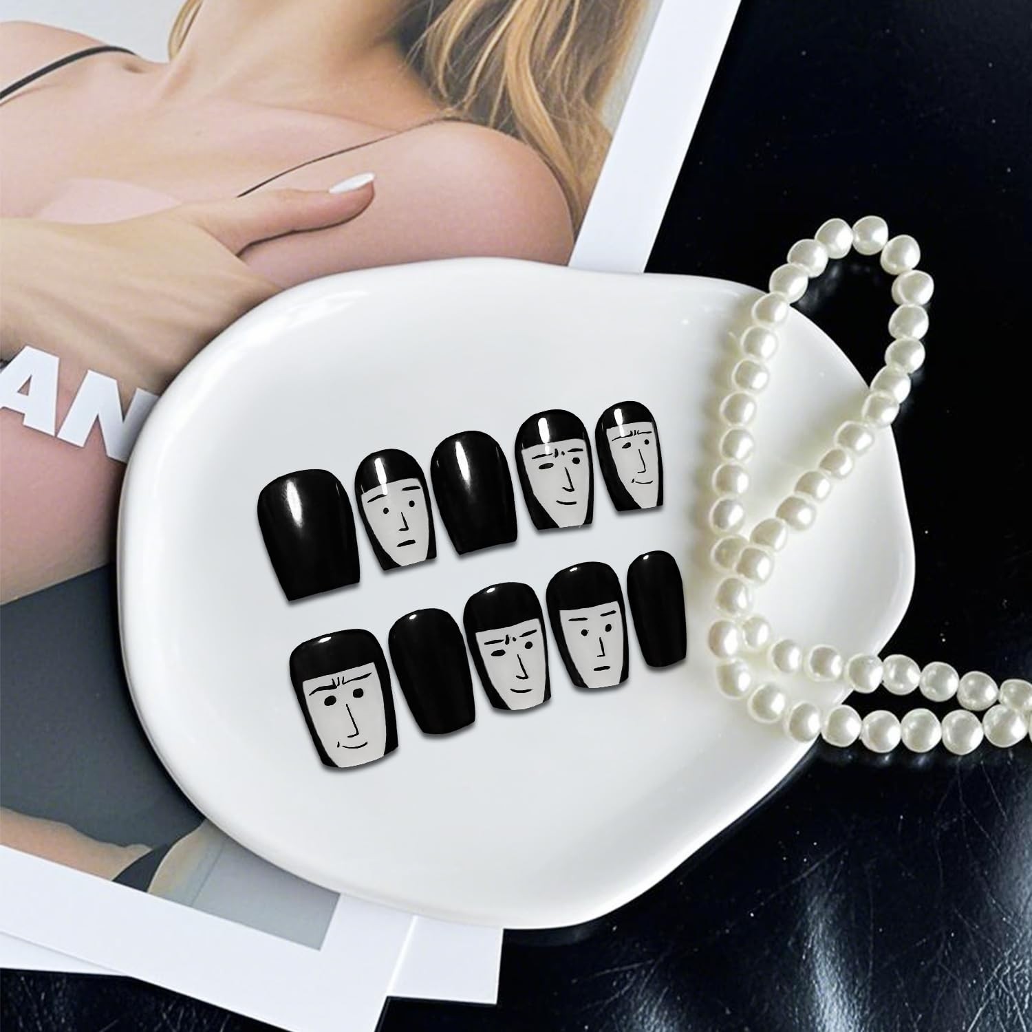 GREENTEA Handmade Nail Artistic Design Press-On Nails, Black and White Cartoo…