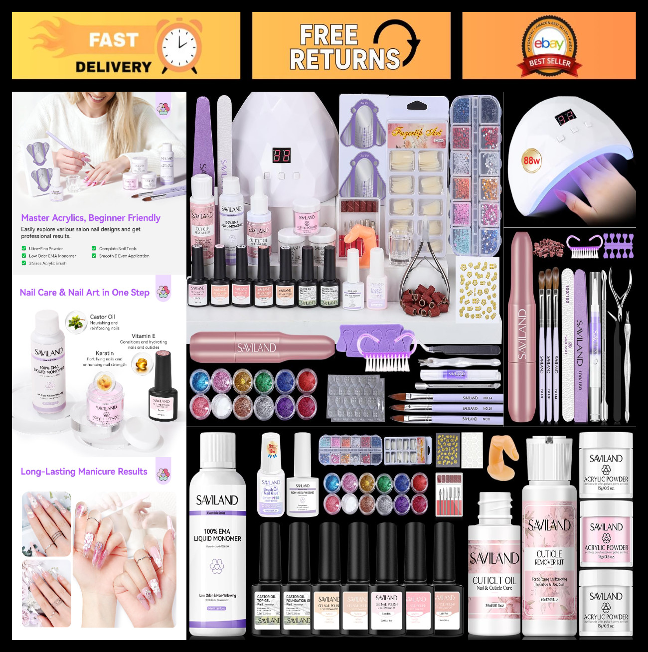 All-in-1 Acrylic Nail Kit with Drill & Nail Lamp | Beginner Set, Practice Finger