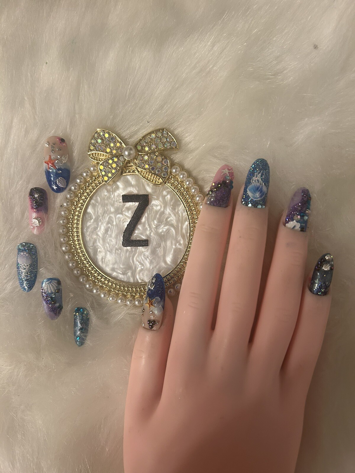 Z NAILZ! Gorgeous Set of Handmade Long Rounded Bling Beach Themed Press On Nails