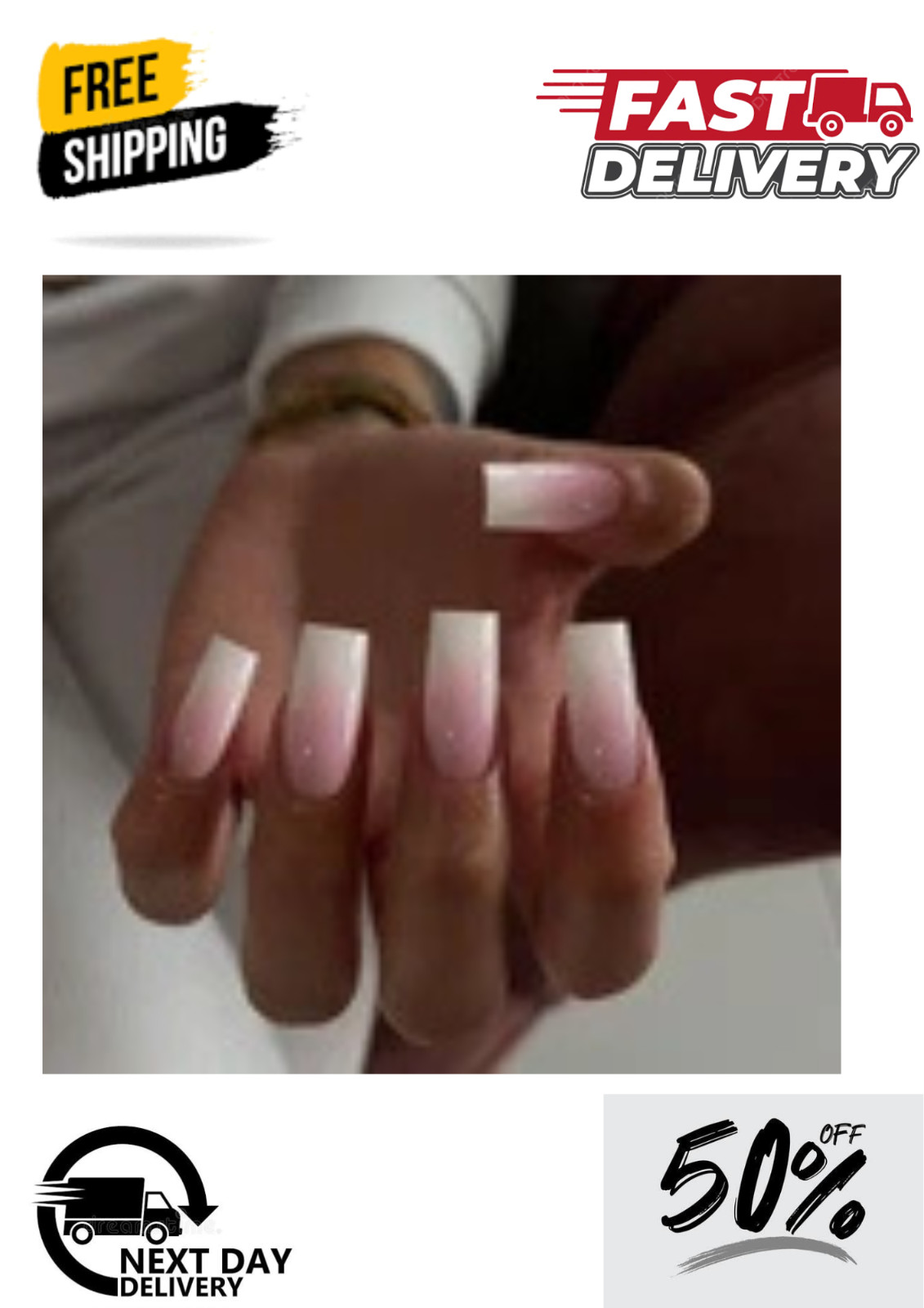 Ombre Pink Press on Nails Long Square Shaped Gradient French Fake Nails Press O