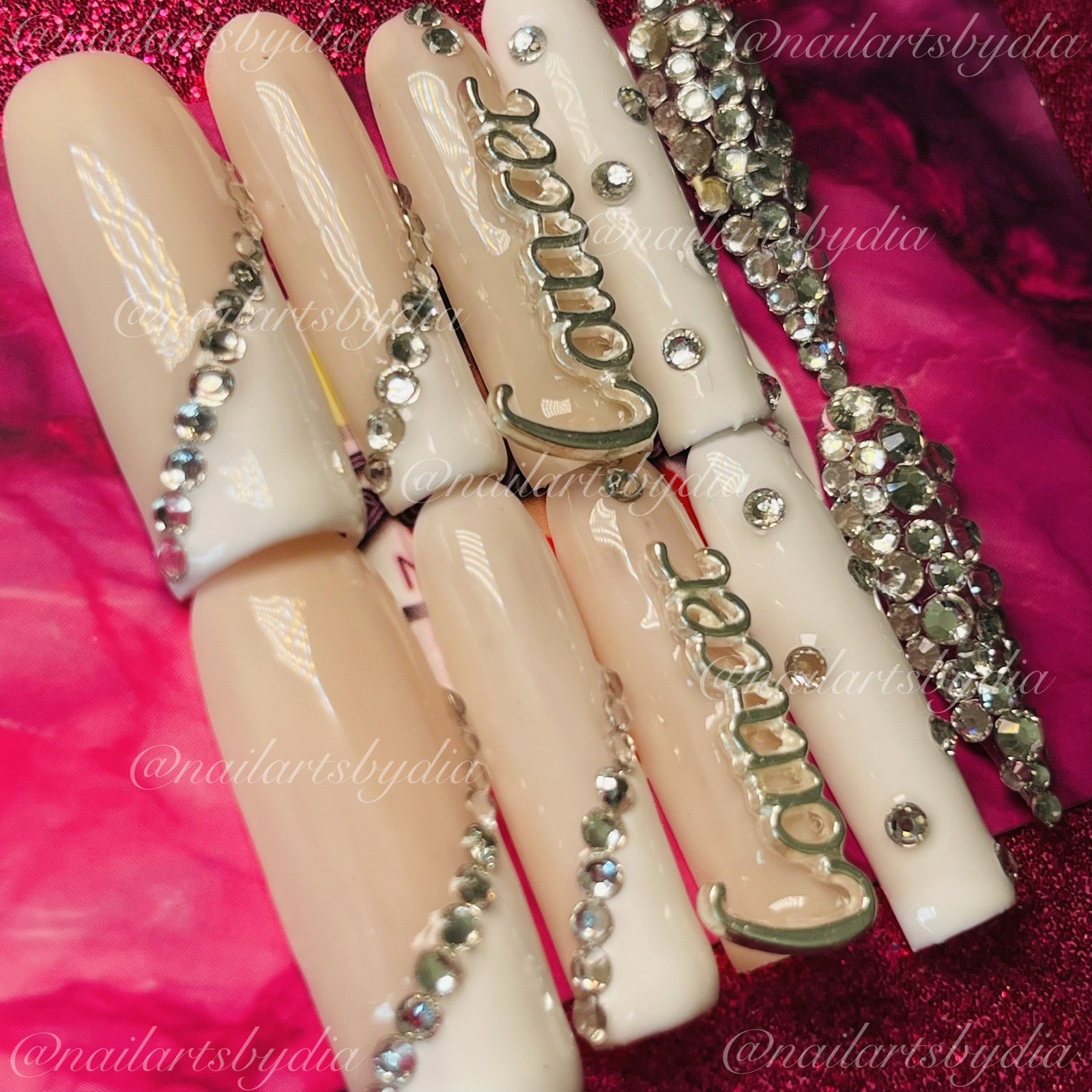 Authentic Nail Arts by Dia Long Coffin Press-On Nails White Beige Silver 3D