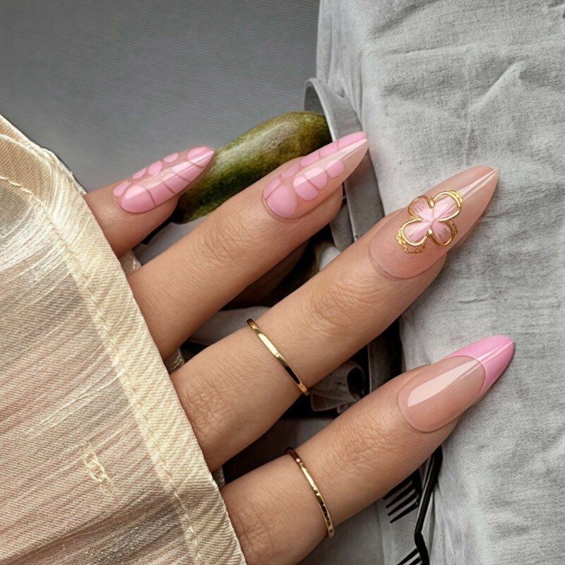 24 Pieces Medium Length Press On Nail with 3D Flower Artistic Designs False Nail