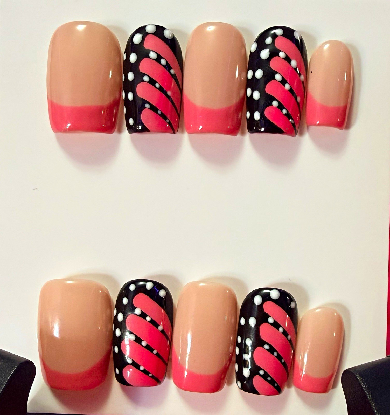 Pink/Nude/Black/White Polka Dot Square Press-On Nails, Medium Shiny Full Cover
