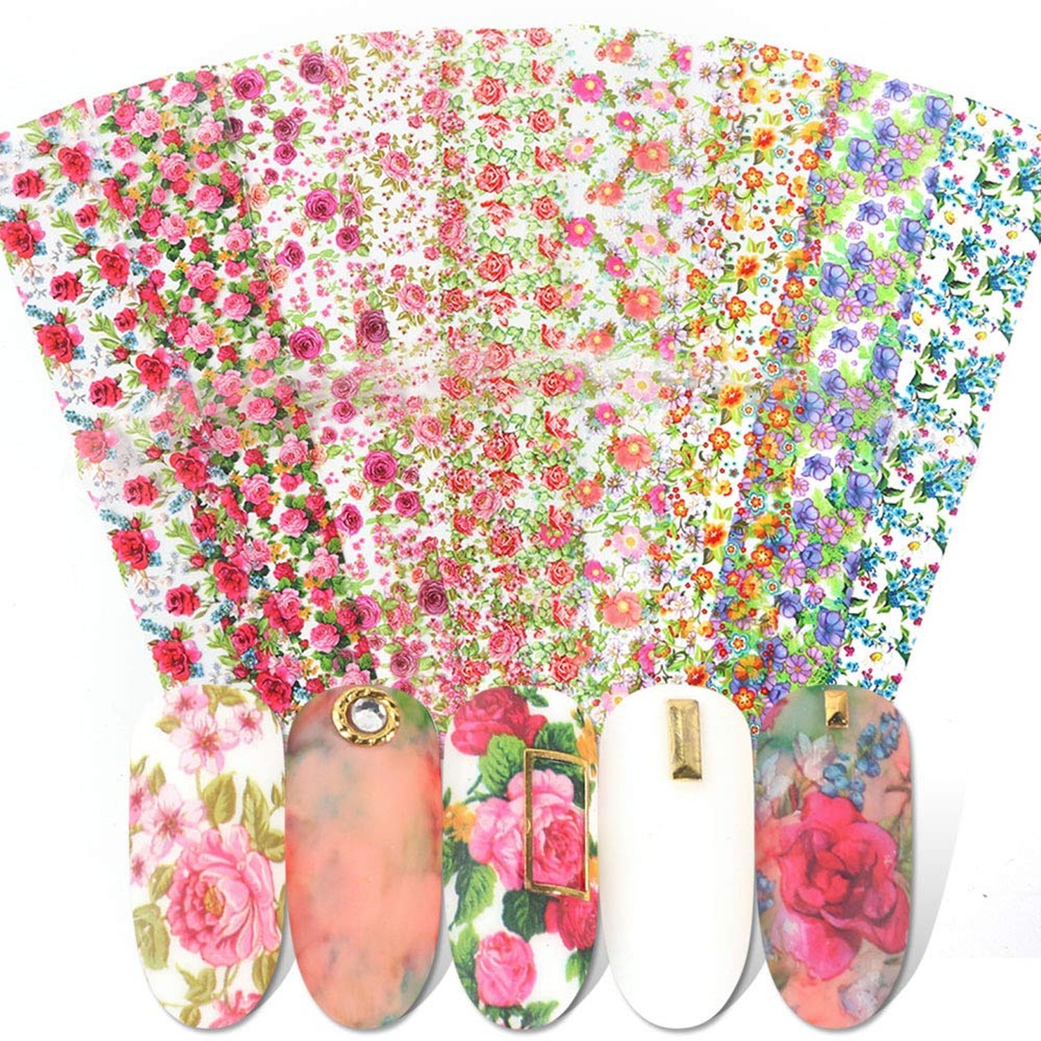 WOKOTO 10 Rolls Nail Art Foil Transfer Stickers Tips Flower Design Nail Wraps…