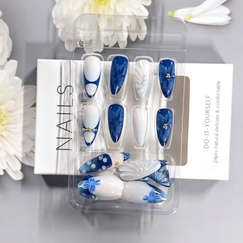 Blue Flower Press on Nails Medium Almond Metal Starfish and Gold Beads