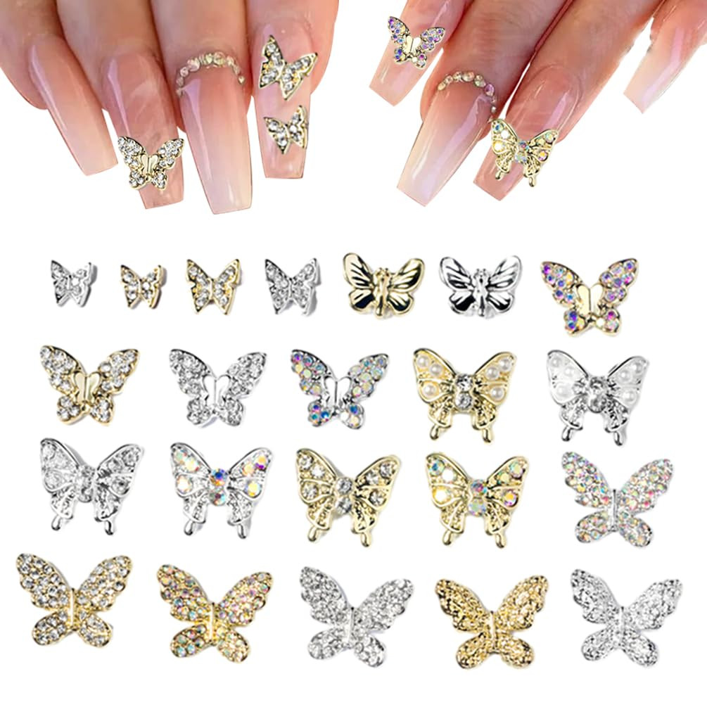 22 Pcs Gold Silver Butterfly Nail Charms Stainless Alloy Art Decoration