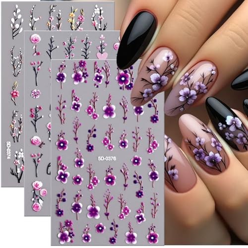 Flower Sticker for Nail Art 5D Embossed Spring Roses Nail Decal Flower Branch