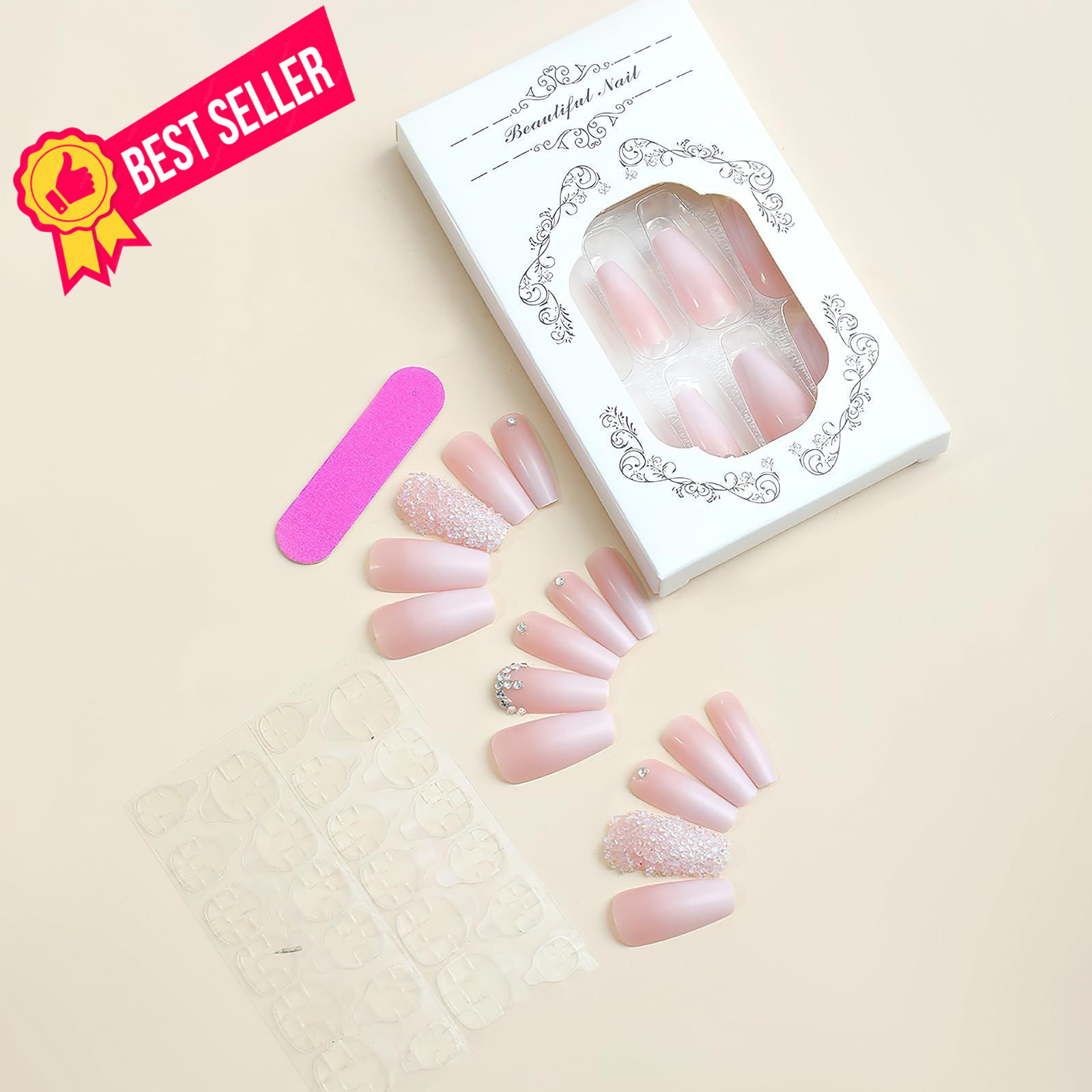 Jremg Pink Press On Nails – Long Square Coffin Fake Nails, Multicolor