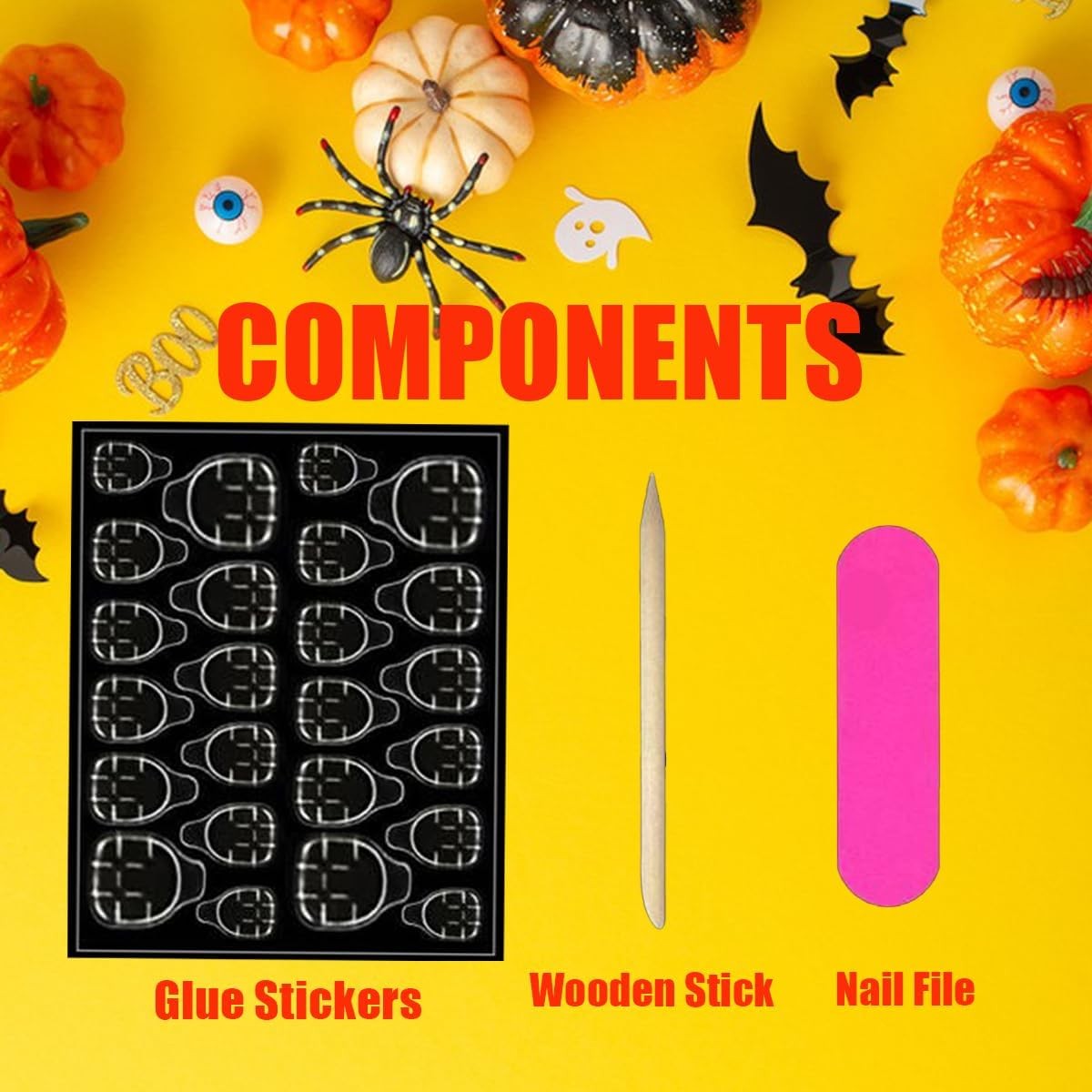 Halloween Press on Nails Long Almond Stick on Nails with Red Flame Design Glo…