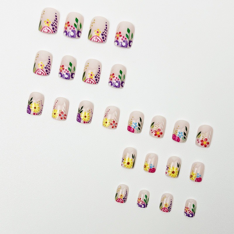 48pcs-Nude Nails with Hand-Painted Colorful Flowers, Leaves and Tiny Rhinestones