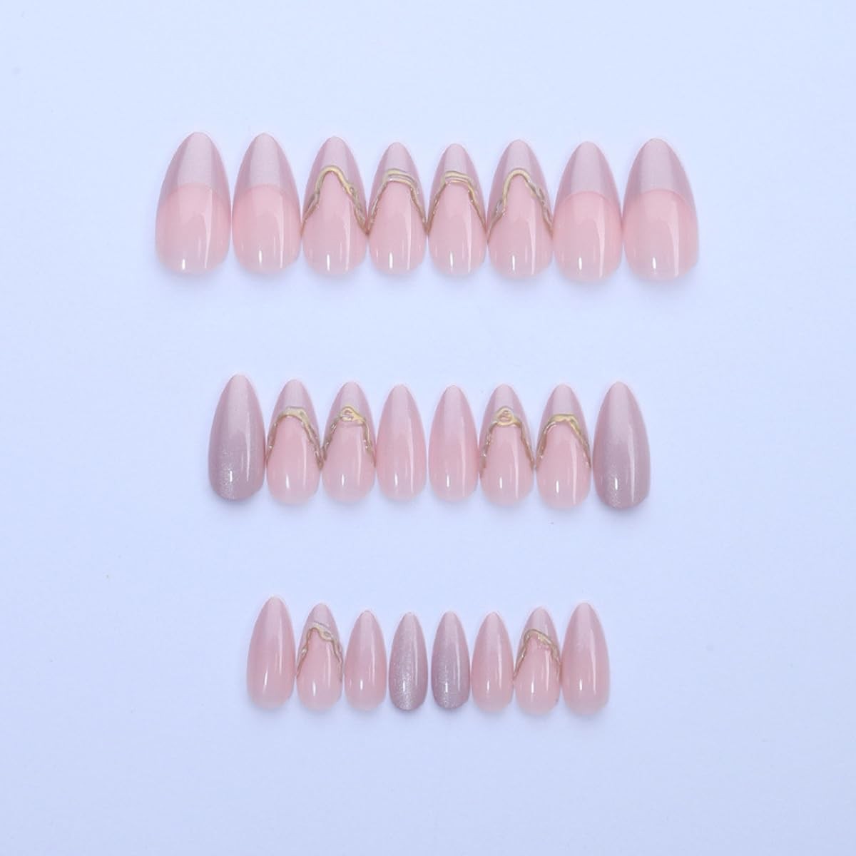 Medium Almond Press on Nails Medium – Pink Ombre Cat Eye French tip Fake Nail…