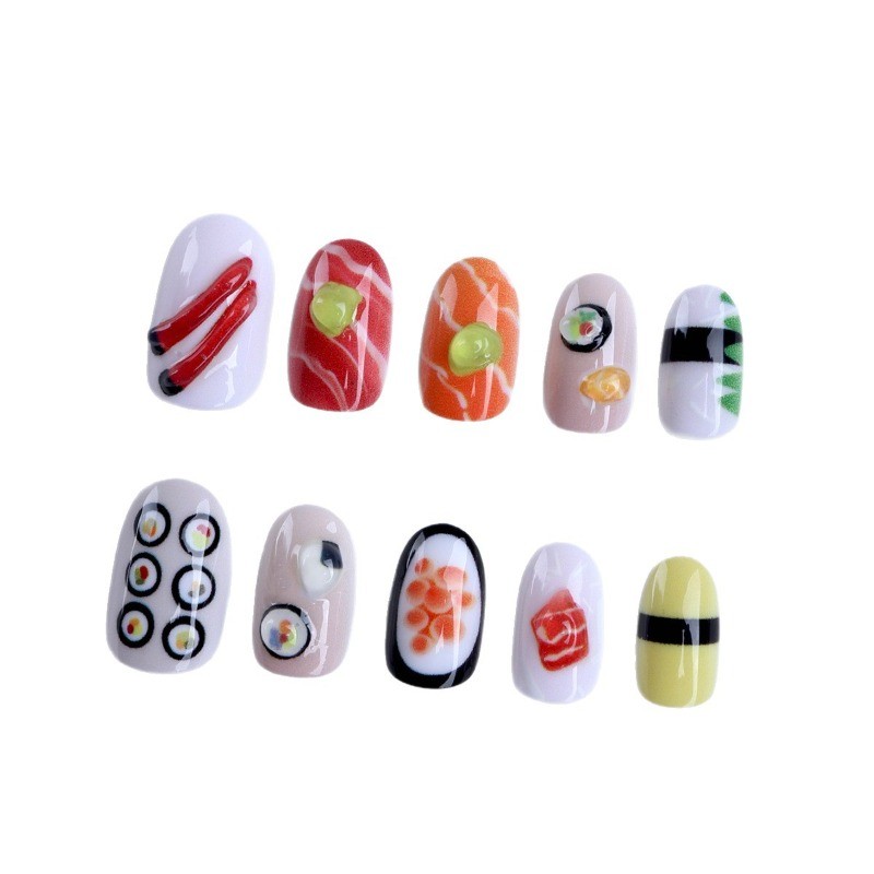 48pcs-Cute Food Fake Nails with 3D and Hand-Painted Sushi Designs, Short Square