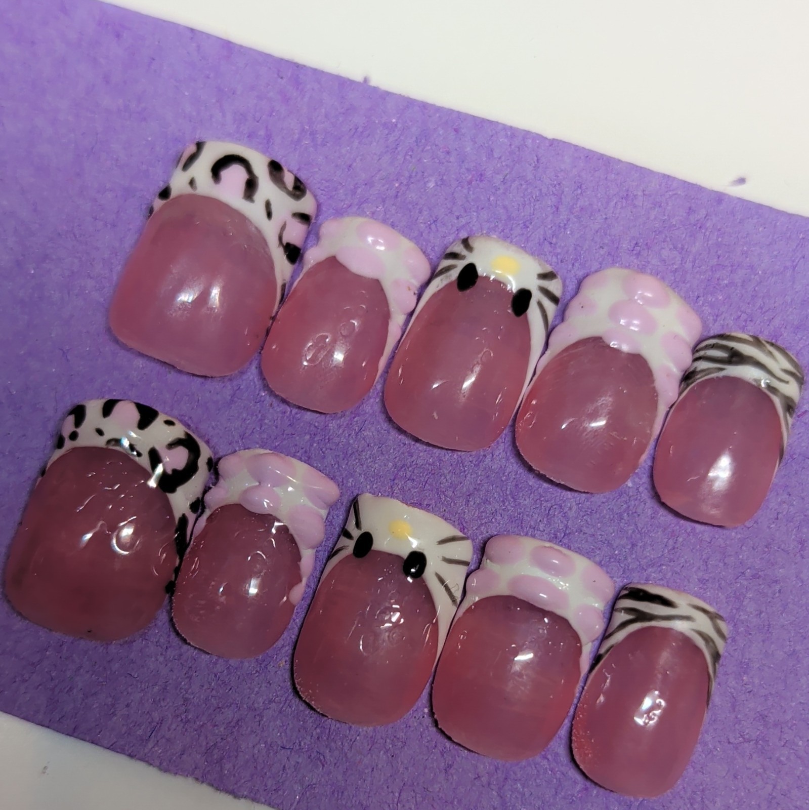 10 Piece Short Square Press-On Nails, Pink White Black 3D Shiny Animal, Handmade