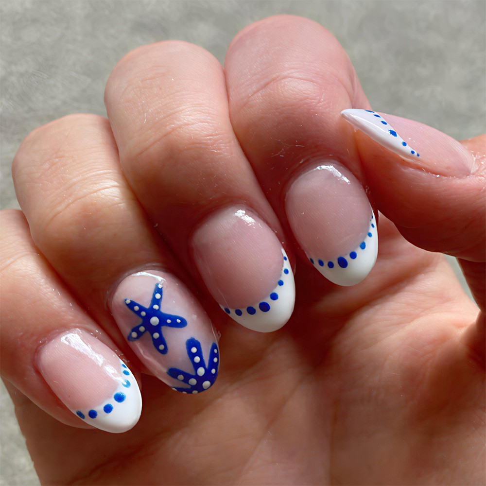 48pcs-Summer Ocean French Press on Nails, Medium Almond Starfish Fake Nails